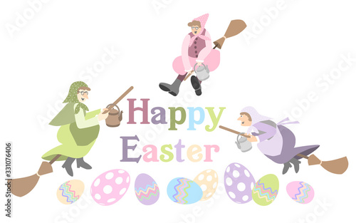 Easter Greetings decorated with scandinavian Easter Witches flying on broomsticks to Blockula (Blåkulla), and painted eggs, vector illustration