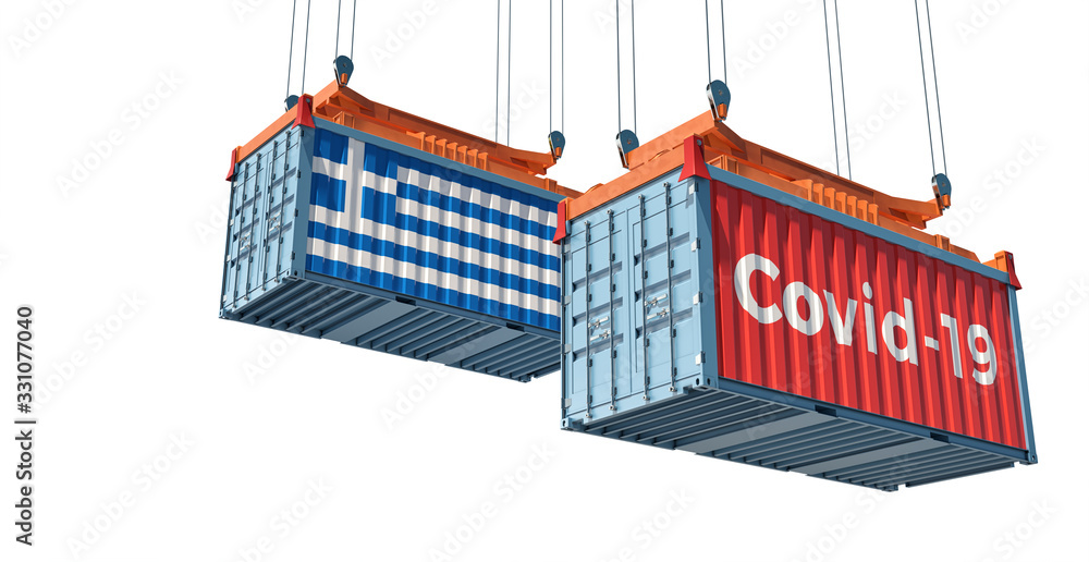 Container with Coronavirus Covid-19 text on the side and container with Greece Flag. Concept of international trade and travel spreading the Corona virus. 3D Rendering Container with Coronavirus Covid-19 text on the side and container with Greece Flag. Concept of international trade and travel spreading the Corona virus. 3D Rendering