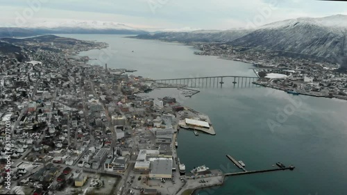 Tromso Cityscape Aerial Pullback. Clean, Dense City Landscape.