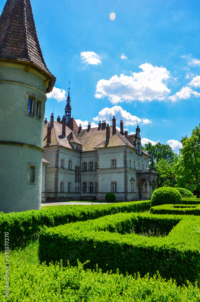 View of Beregvar Castle is a romantic residence of the Schenborn counts near Mukachevo. It was built in the end of XIX century. Transcarpathian region, Ukraine