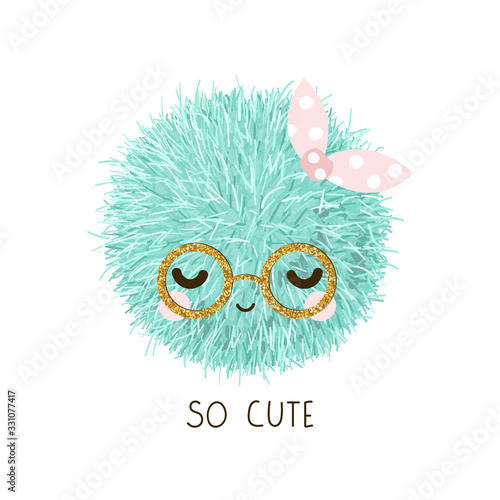 Cute little pompon with gold glitter glasses. Trendy kids graphic. Vector hand drawn illustration.