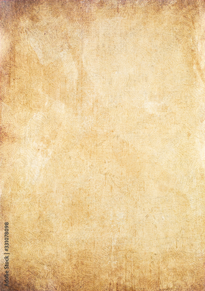 Sheet of old aged retro paper. Ancient antique brown cardboard design pattern blank empty copy space vintage background