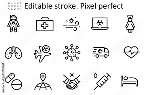 Set of Coronavirus Protection Vector Line Icon. Contains such Icons as Ambulance, Novel CoronaVirus, Protective Measures, Symptoms, Incubation Period and more. 48x48 Pixel Perfect. Editable Stroke
