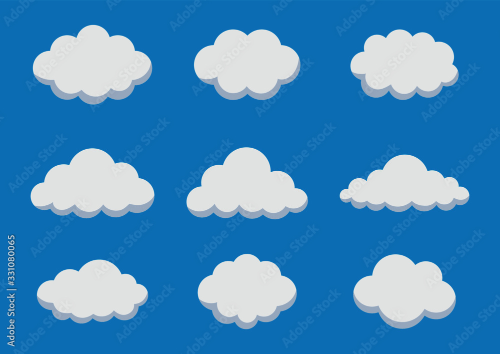 white fluffy cloud set cartoon style isolated on blue background. vector Illustration.