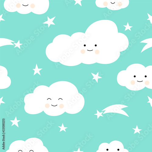 Seamless pattern with cute clouds and stars. Ornament for textiles and wrapping. Vector background