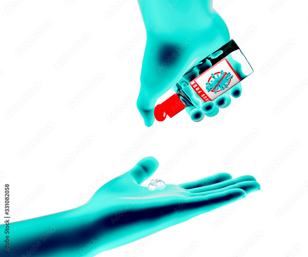 Hand sanitizer gel to protect against Coronavirus, Covid-19. High alcohol content. Bottle and portable container, to be used on the hands in the absence of water and soap. Virus free. 3d render Hand sanitizer gel to protect against Coronavirus, Covid-19. High alcohol content. Bottle and portable container, to be used on the hands in the absence of water and soap. Virus free. 3d render