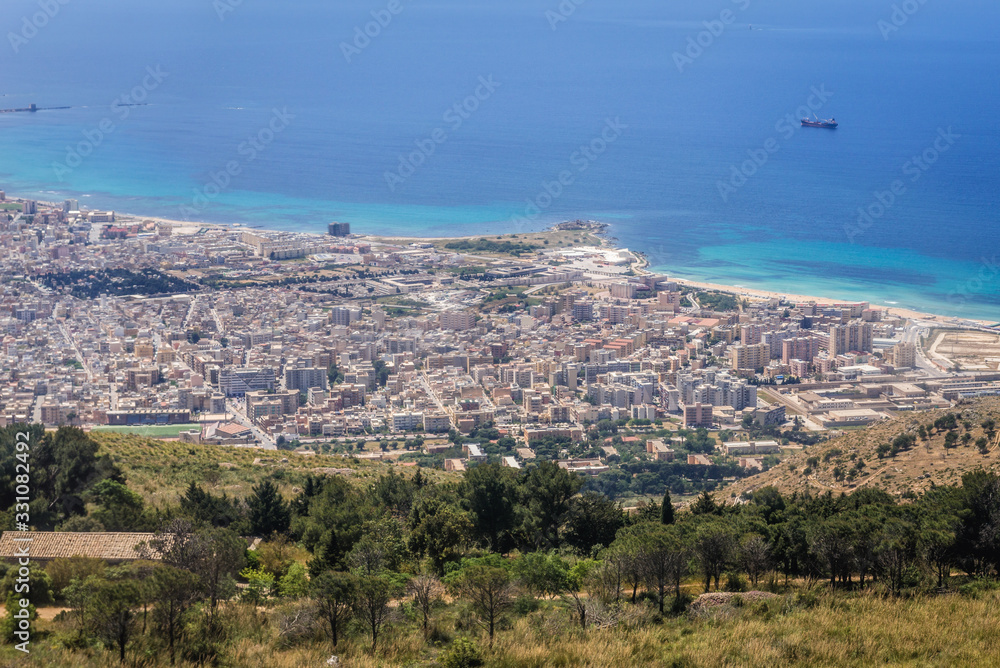 Trapani city seen from cable car connected Trapani and Erice town on Sicily Island, Italy