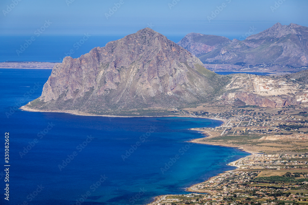 Cofano Mountain seen from Erice historic town on a Mount Erice, Sicily Island in Italy