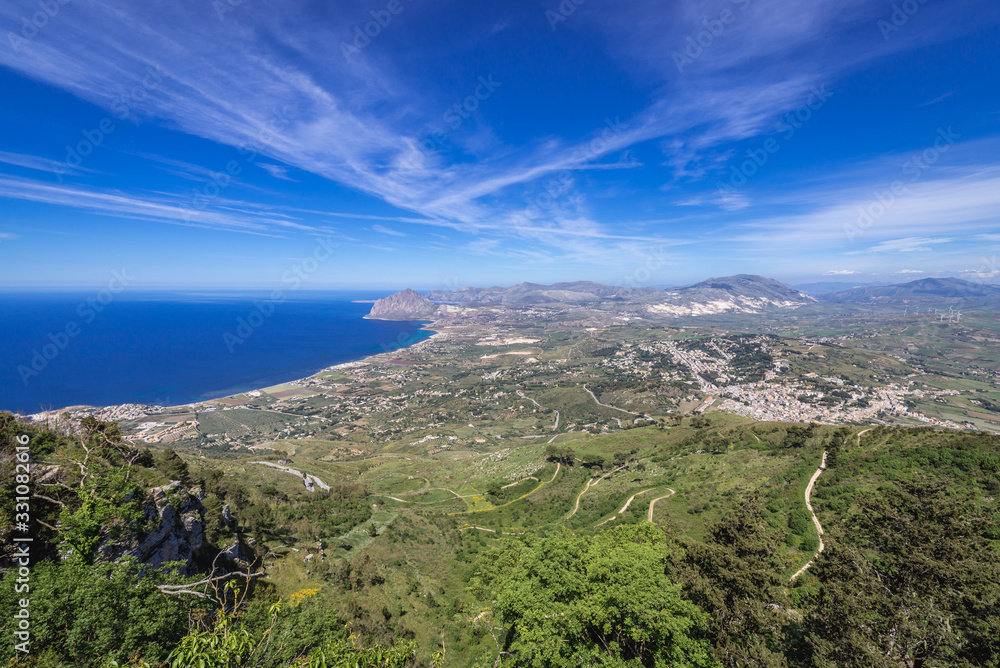 Panoramic view from Erice historic town on a Mount Erice, Sicily Island in Italy Panoramic view from Erice historic town on a Mount Erice, Sicily Island in Italy