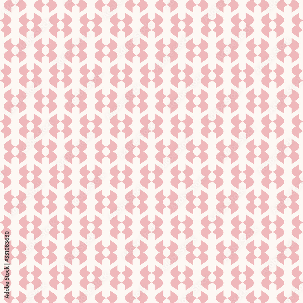 Vector abstract geometric seamless pattern. Pink and white texture with curved shapes, ornamental elements. Elegant repeat background. Design for babies, girls, decoration, linens, fabric, textile