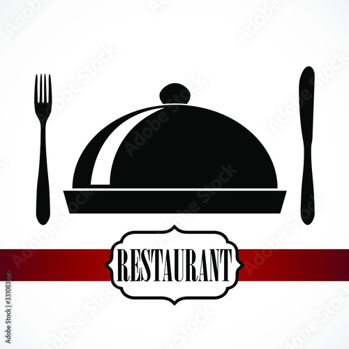 fork knife and cloche with red ribbon / restaurant theme vector background
