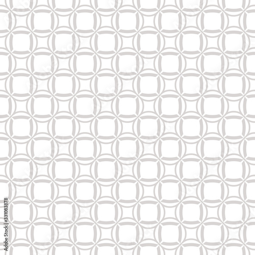 Vector geometric seamless pattern with delicate grid, net, mesh, lattice, weave, rounded shapes, squares, circles. Subtle abstract white and light gray background. Simple minimal repeatable design