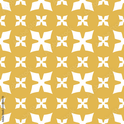 Simple vector floral texture. Geometric seamless pattern with flower silhouettes, crosses. Elegant abstract ornamental background. Mustard yellow and white colored ornament. Minimal repeating design