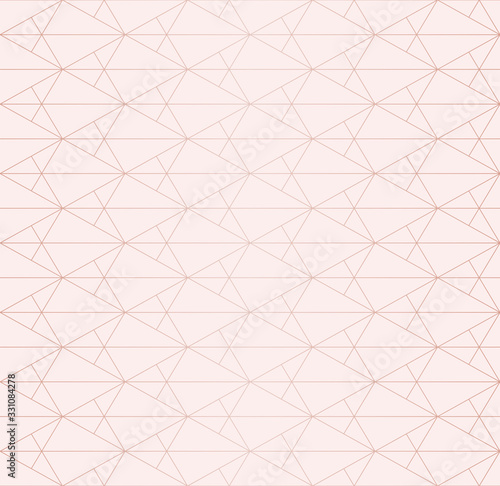 Rose gold pattern. Vector golden geometric seamless texture with thin lines, subtle grid, net, diamonds, rhombuses, triangles. Abstract light pink metallic graphic background. Art deco. Repeat design