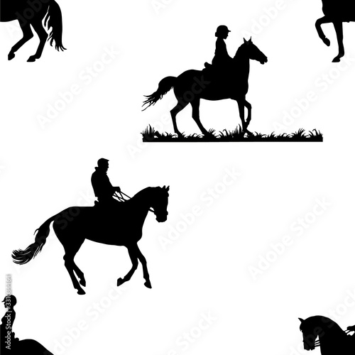 black silhouettes of racing sports horses and riders isolated on a white background, seamless background, pattern for decoration, equestrian sports 