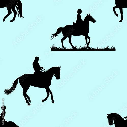 black silhouettes of racing sports horses and riders isolated on a blue background, seamless background, pattern for decoration, equestrian sports 