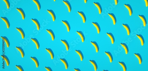 Colorful pattern with many yellow bananas on blue background