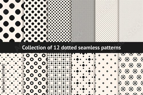 Polka dot patterns collection. Vector geometric seamless textures with circles, dots, spots. Set of black and white minimal abstract dotted background swatches. Simple monochrome repeatable designs