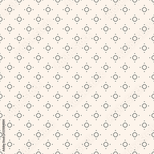 Subtle minimalist seamless pattern. Simple vector black and white minimal geometric texture. Abstract monochrome background with tiny floral shapes, small stars. Delicate design for decor, covers, web
