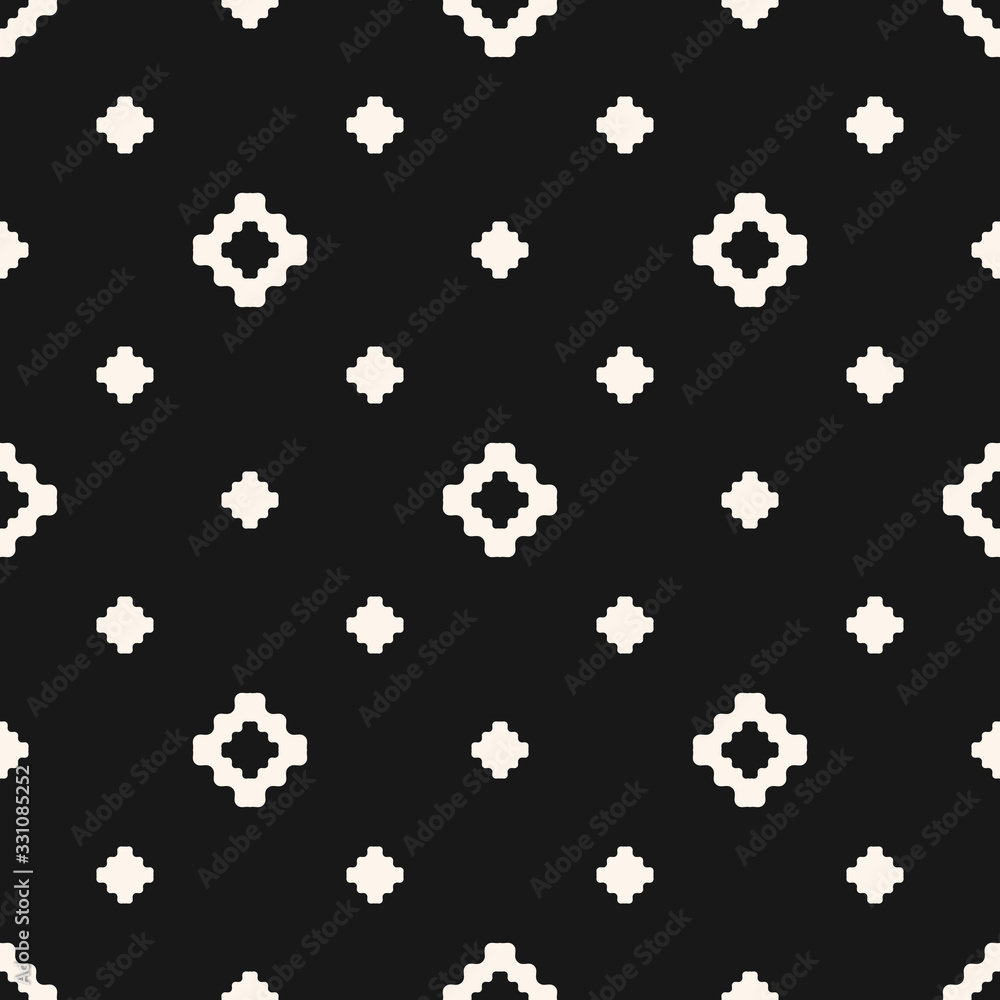 Vector floral geometric texture. Abstract black and white seamless pattern with small flower shapes, diamonds, squares, crosses. Simple minimal monochrome background. Dark minimalist repeat design Vector floral geometric texture. Abstract black and white seamless pattern with small flower shapes, diamonds, squares, crosses. Simple minimal monochrome background. Dark minimalist repeat design