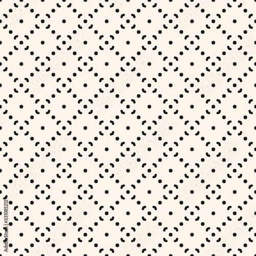 Simple minimalist vector seamless pattern. Abstract black and white geometric texture. Subtle minimal background with small floral shapes, diamonds, arrows, dots, grid. Repeat monochrome geo design
