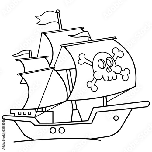 Coloring Page Outline Of Cartoon pirate ship. Sailboat with black sails with skull in sea drawing. Coloring book for kids.