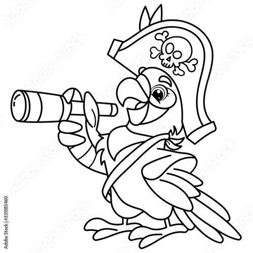 Coloring Page Outline Of Cartoon jolly pirate or parrot with spyglass. Coloring book for kids. Vector image for pirate party for children.