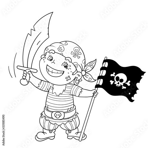 Coloring Page Outline Of Cartoon Pirate with saber and black flag with skull. Coloring book for kids.