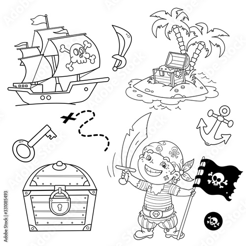 Cartoon set for pirate party for kids. Pirate ship with skull in sea. Pirate with black flag.Treasure chest. Closed coffer with lock. Golden key. Island of treasure. Coloring book for kids.