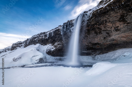 Famous Seljalandsfoss waterfaal on Iceland during winter