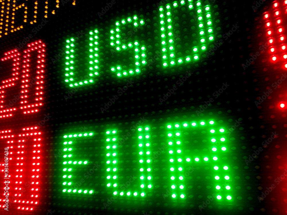 Rate of foreign currencies on the LED scoreboard, close-up Rate of foreign currencies on the LED scoreboard, close-up