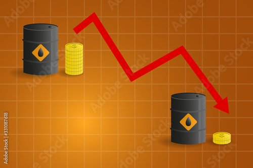 Oil Barrels And Stack Of Gold Coins, Price Fall Concept On Orange Background.