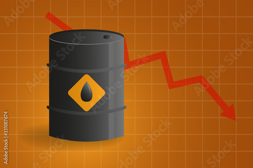 Oil Barrels And Red Arrow Down, Price Fall Concept On Orange Background.