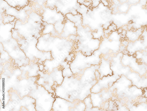 White marble texture with gold glitter veins.