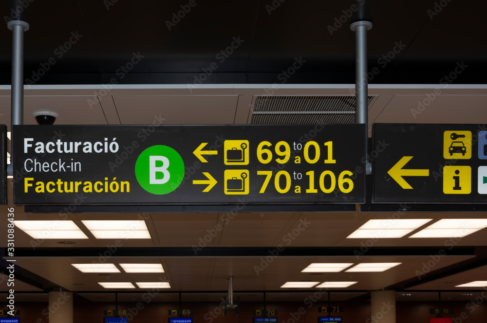 BARCELONA, SPAIN - 27.02.2020: Screens panels with information for the travelers in transit at Terminal 2 of Barcelona el Prat - Josep Tarradellas international airport BARCELONA, SPAIN - 27.02.2020: Screens panels with information for the travelers in transit at Terminal 2 of Barcelona el Prat - Josep Tarradellas international airport