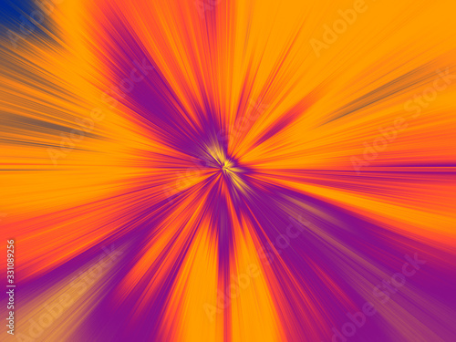 Abstract bright orange, purple and pink zoom effect background. Digitally generated image. Rays of bright orange, purple and pink light. Colorful radial blur, fast motion scaling speed, sun rays.