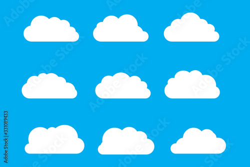 Naklejka Set of cloud icons in trendy flat style isolated on classic blue background. White clouds symbols for web site design, logo, app, UI. Vector illustration