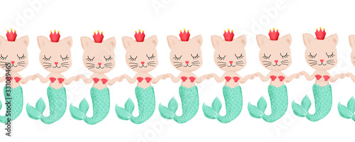 Mermaid cats seamless border. Cute Kittys with mermaid tails and crowns repeating pattern. Purr maid border. For kids decor, fabric trims