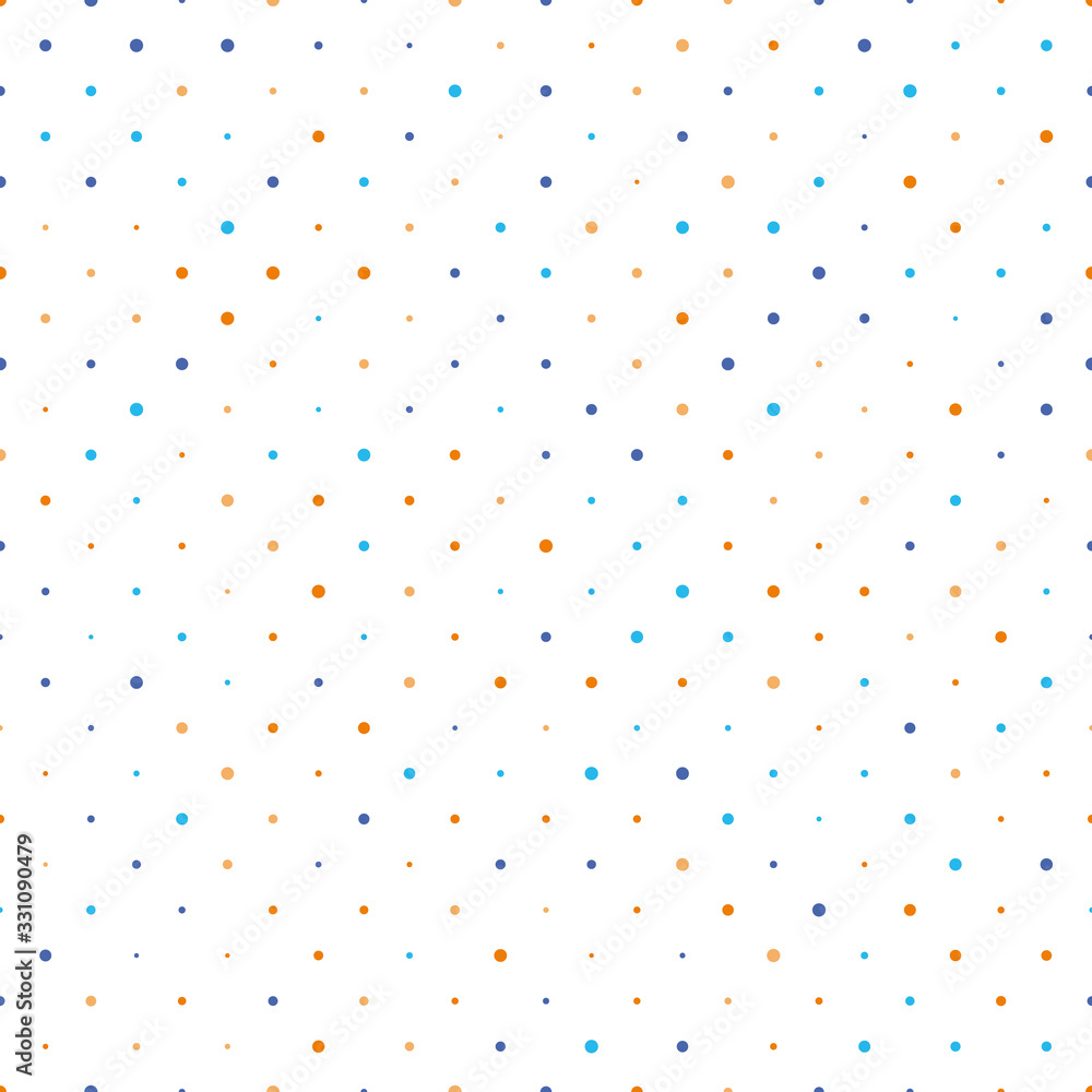 Seamless polka dot pattern. Orange and blue dots in random sizes on white background. Vector illustration Seamless polka dot pattern. Orange and blue dots in random sizes on white background. Vector illustration