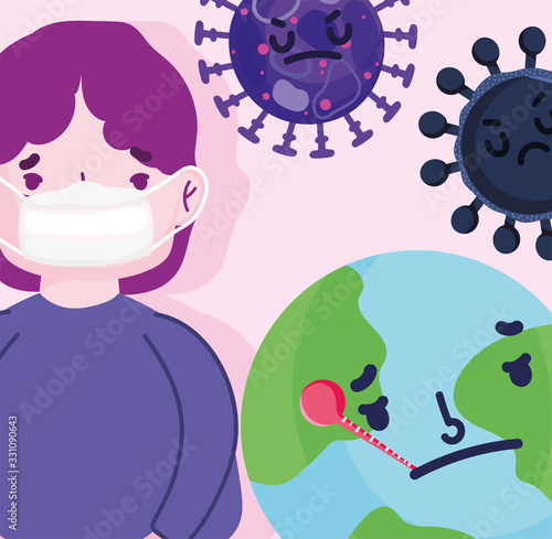 virus covid 19 pandemic, man mask and world with thermometer