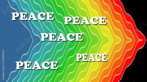 Peace background, white animated words Peace appearing on wavy rainbow background. Billboard for antiwar movement. 4k movie photo