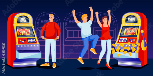 Casino gambling games concept. People play slot machine, vector flat cartoon characters illustration