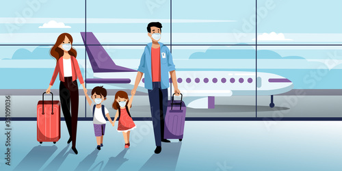 Family in protection masks in airport. Vector illustration. Traveling by airplane during coronavirus epidemic outbreak