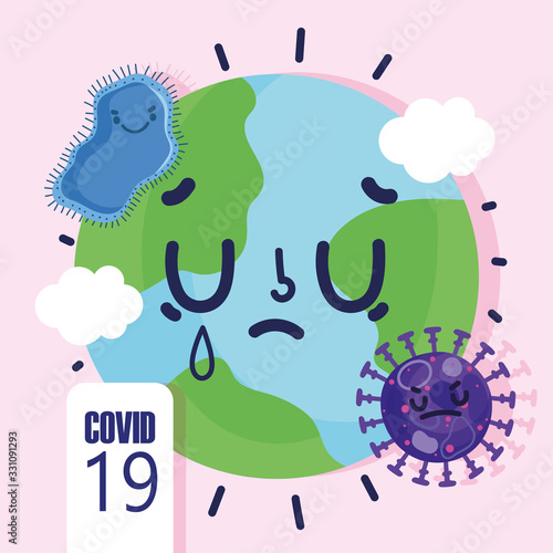 virus covid 19 pandemic, cartoon sick world crying