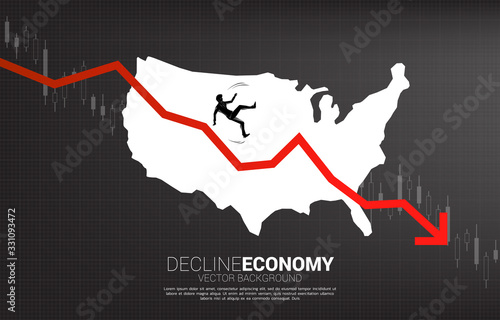 silhouette of businessman slip and falling down from downturn graph with USA map. Concept of decline economy in america.