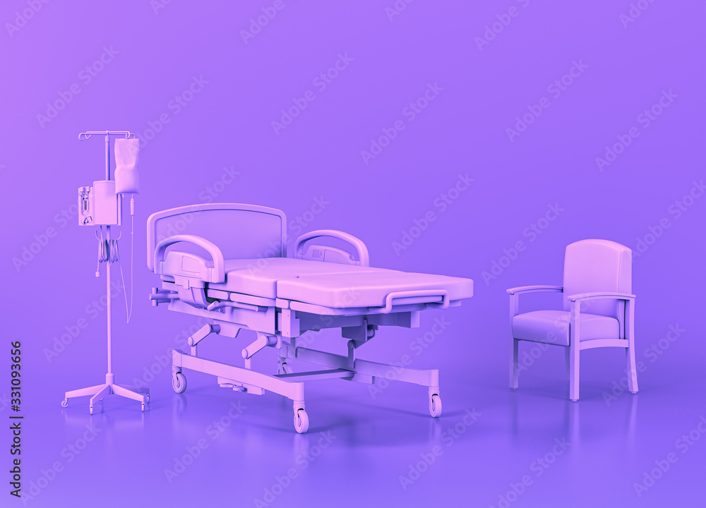 Patient bed, Iv and visitor chair, Medical equipment in flat monochrome purple hospital room, 3d rendering Patient bed, Iv and visitor chair, Medical equipment in flat monochrome purple hospital room, 3d rendering