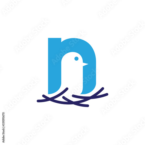 Letter n with bird logo design. Nest logo. Creative initial letters logo template.
