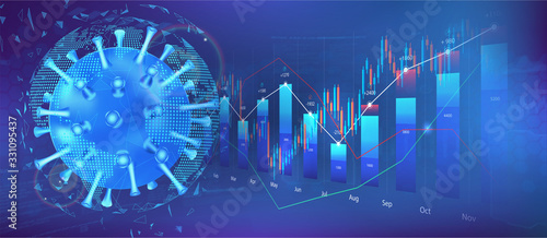 The impact of coronavirus on the stock exchange and the global economy. Covid-19 virus hits market. Shares fall down. Markets plunging. Economic fallout. Vector background Coronavirus and market