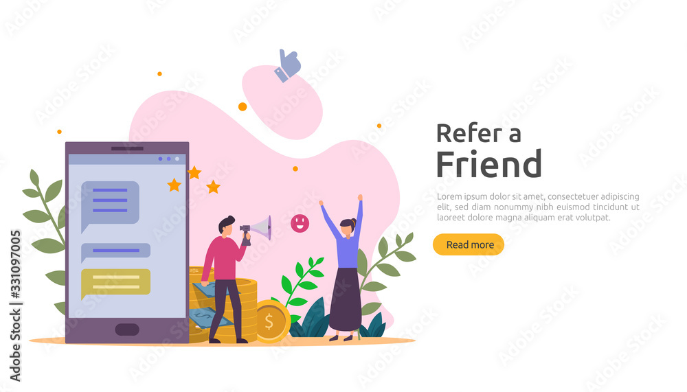 refer a friend strategy and affiliate marketing concept . people character sharing referral business partnership and earn money. template for web landing page, banner, poster, print media