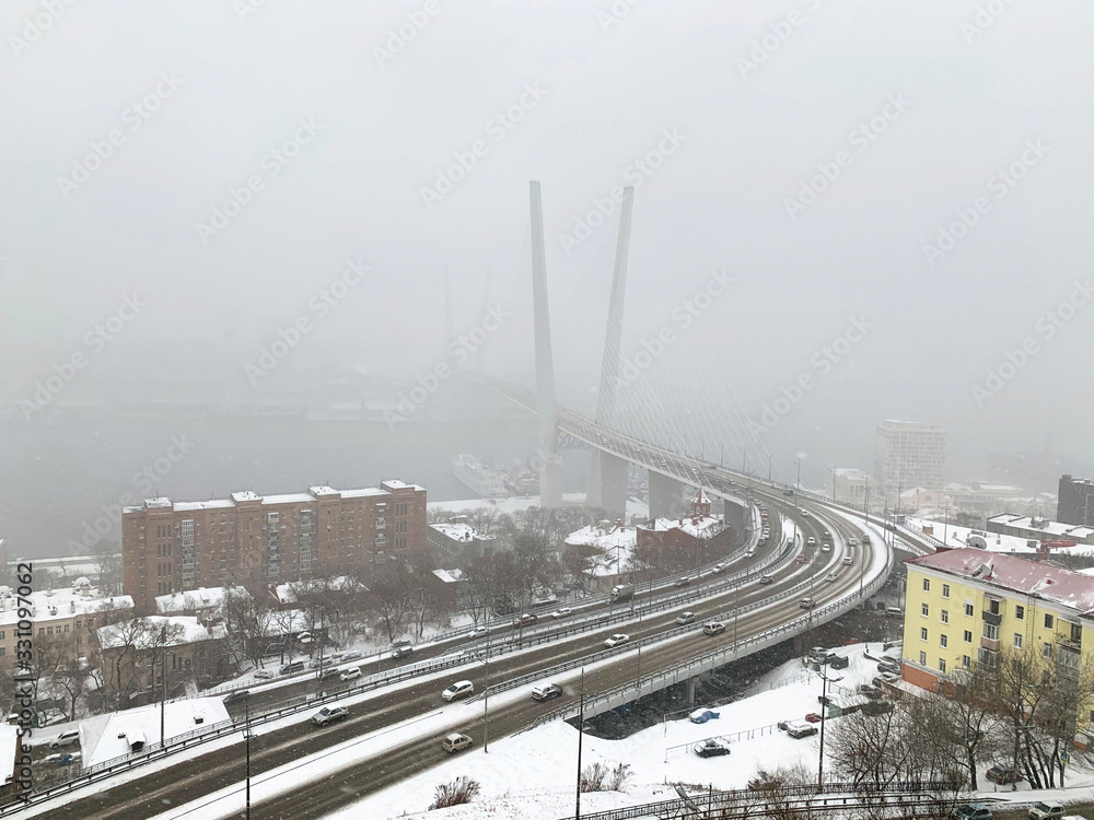 Russia, city of Vladivostok in March during the cyclone